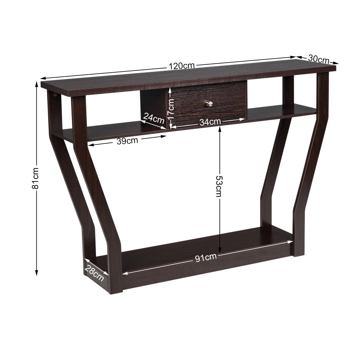 Konsolentisch, Konsolentisch Schmal, Flurtisch mit Schublade und Regal, 120 x 30 x 81 cm, Braun, Costway, 6