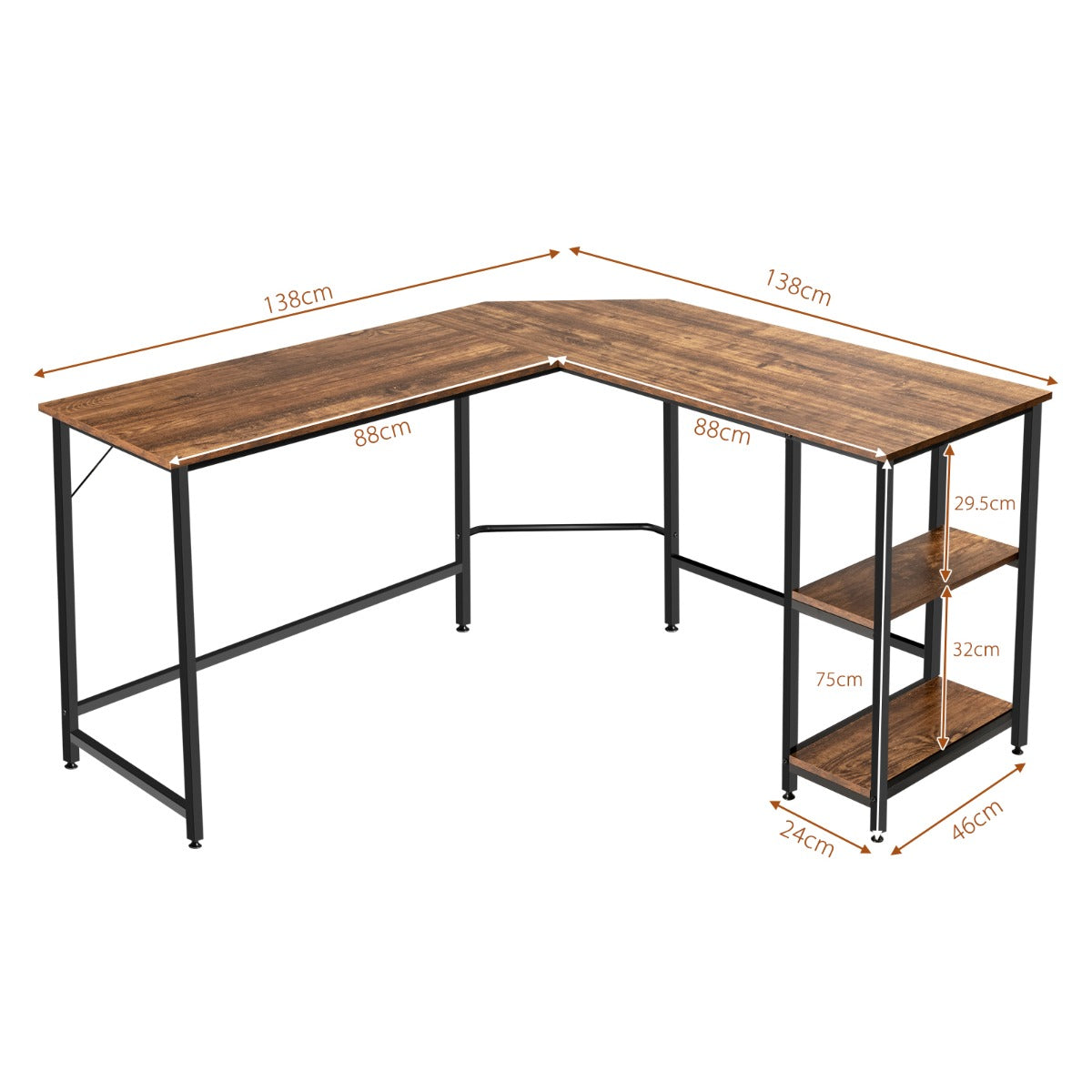 Costway - L-förmiger Schreibtisch Homeoffice-Schreibtisch mit 2 Ablageflächen 138 x 138 x 75.5 cm Kaffeebraun + Schwarz