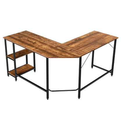 Costway - L-förmiger Schreibtisch Homeoffice-Schreibtisch mit 2 Ablageflächen 138 x 138 x 75.5 cm Kaffeebraun + Schwarz