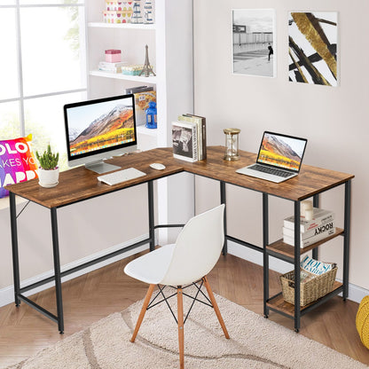 Costway - L-förmiger Schreibtisch Homeoffice-Schreibtisch mit 2 Ablageflächen 138 x 138 x 75.5 cm Kaffeebraun + Schwarz