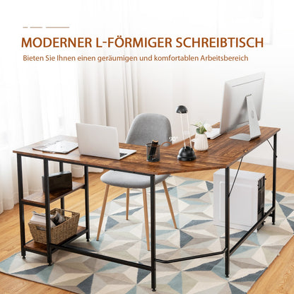 Costway - L-förmiger Schreibtisch Homeoffice-Schreibtisch mit 2 Ablageflächen 138 x 138 x 75.5 cm Kaffeebraun + Schwarz