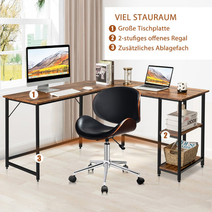 Costway - L-förmiger Schreibtisch Homeoffice-Schreibtisch mit 2 Ablageflächen 138 x 138 x 75.5 cm Kaffeebraun + Schwarz