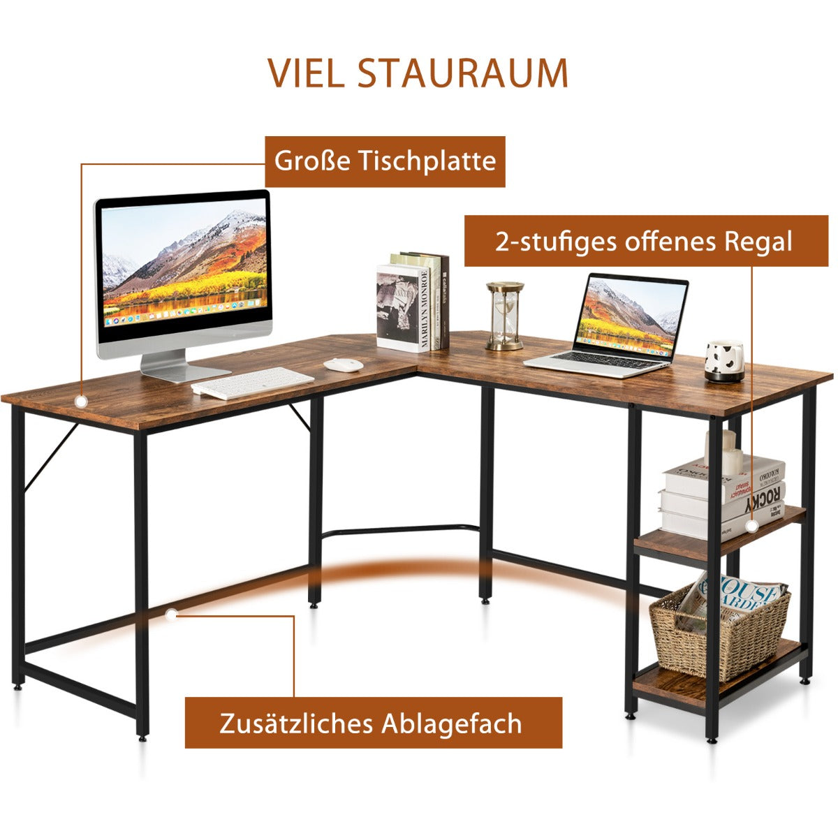 Costway - L-förmiger Schreibtisch Homeoffice-Schreibtisch mit 2 Ablageflächen 138 x 138 x 75.5 cm Kaffeebraun + Schwarz