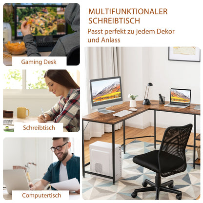 Costway - L-förmiger Schreibtisch Homeoffice-Schreibtisch mit 2 Ablageflächen 138 x 138 x 75.5 cm Kaffeebraun + Schwarz