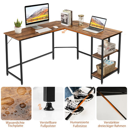 Costway - L-förmiger Schreibtisch Homeoffice-Schreibtisch mit 2 Ablageflächen 138 x 138 x 75.5 cm Kaffeebraun + Schwarz