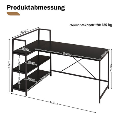 Costway - 148 cm langer L-förmiger Computertisch mit offenen Ablagen platzsparender Schreibtisch zum moderner Arbeitsplatz Schwarz