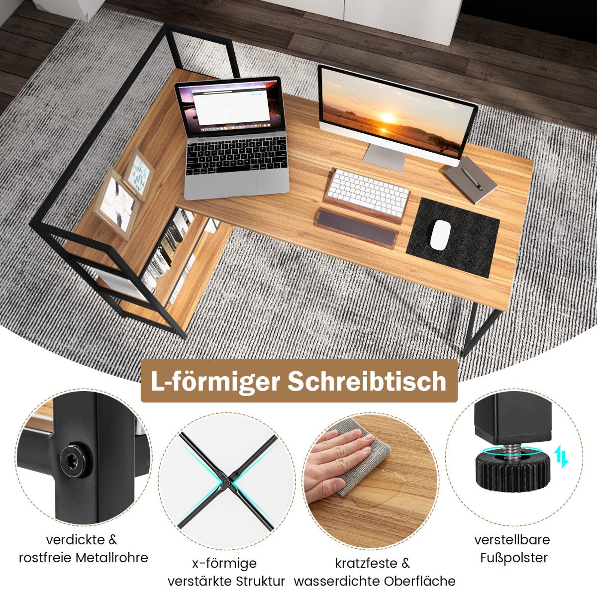 Costway - 148 cm langer L-förmiger Computertisch mit offenen Ablagen platzsparender Schreibtisch zum moderner Arbeitsplatz Walnuss