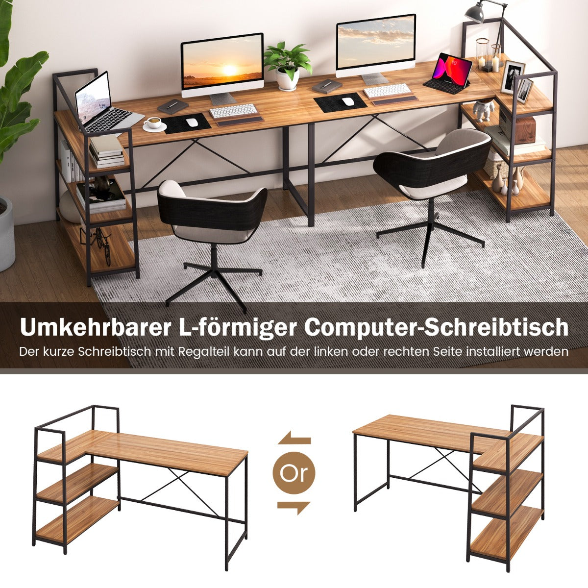 Costway - 148 cm langer L-förmiger Computertisch mit offenen Ablagen platzsparender Schreibtisch zum moderner Arbeitsplatz Walnuss