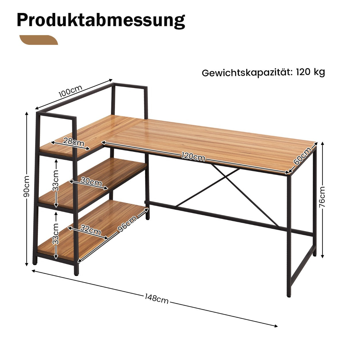 Costway - 148 cm langer L-förmiger Computertisch mit offenen Ablagen platzsparender Schreibtisch zum moderner Arbeitsplatz Walnuss