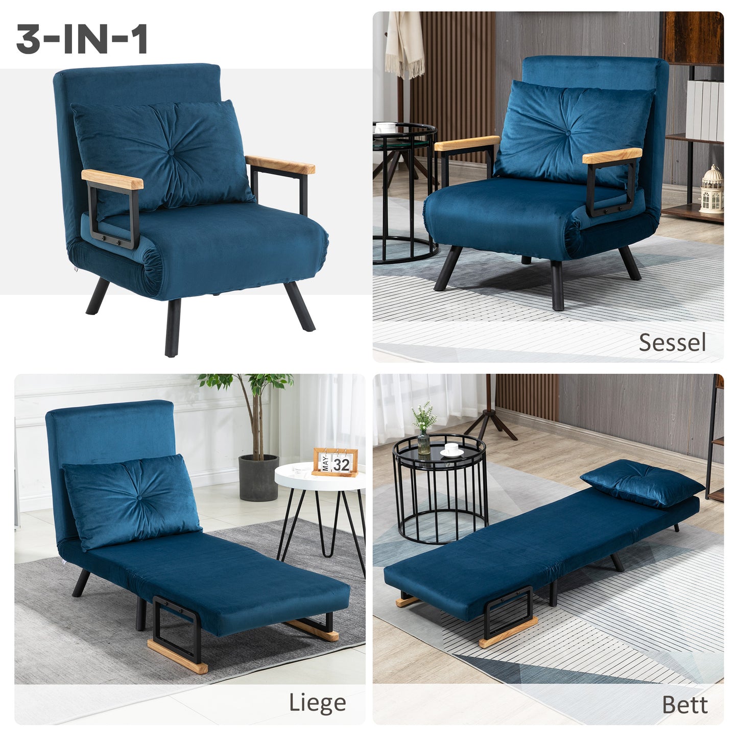 HOMCOM - Schlafsofa Relaxsessel Bettfunktion Gästebett Samt Rückenkissen verstellbare Rückenlehne 63x73x81cm, Blau