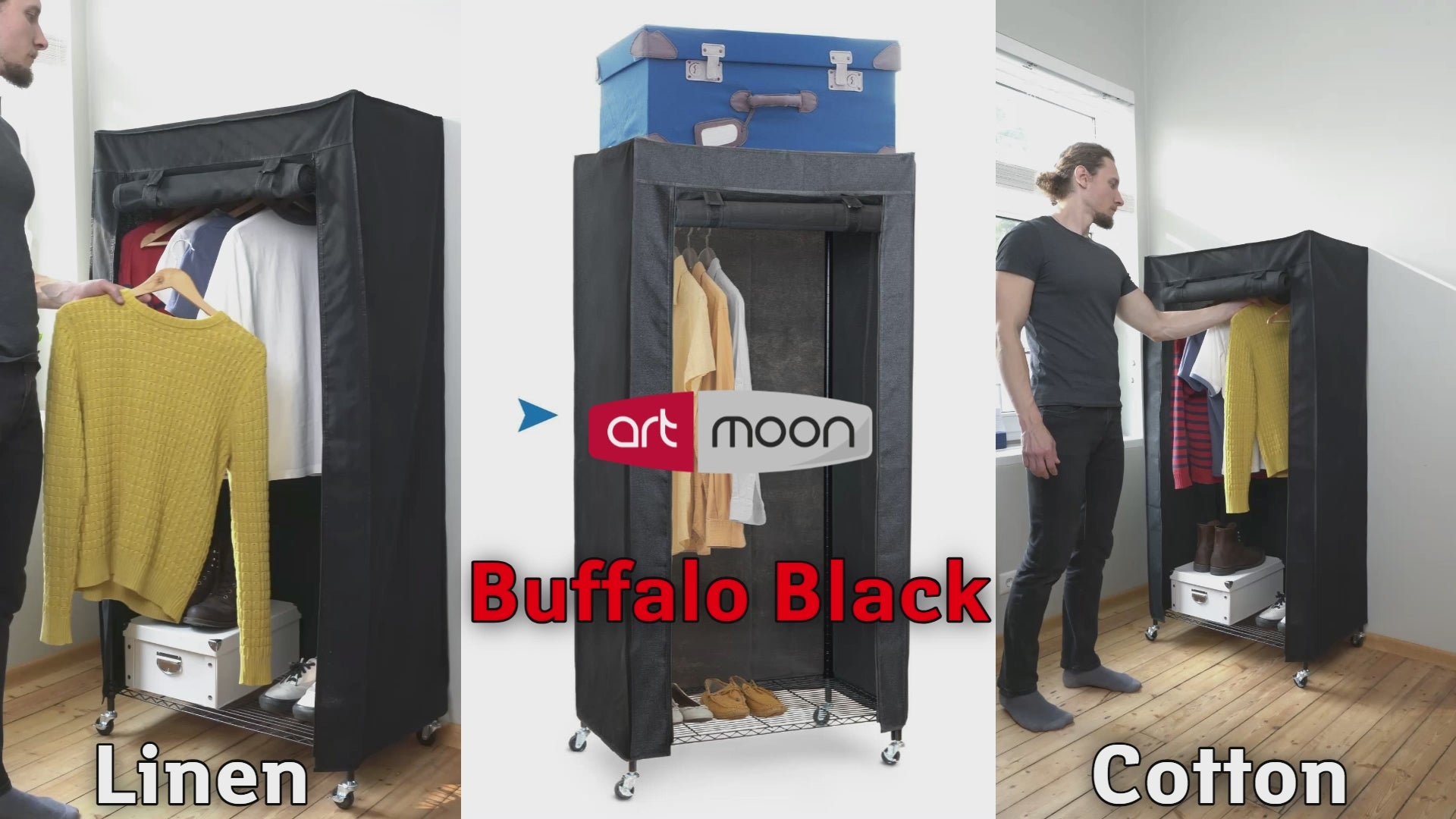 Video laden: art moon Buffalo Schwerlast Faltschrank auf Rollen, bis 70kg, Stoffschrank Stabil mit Kleiderstange und 2 Ablagen, Stahl