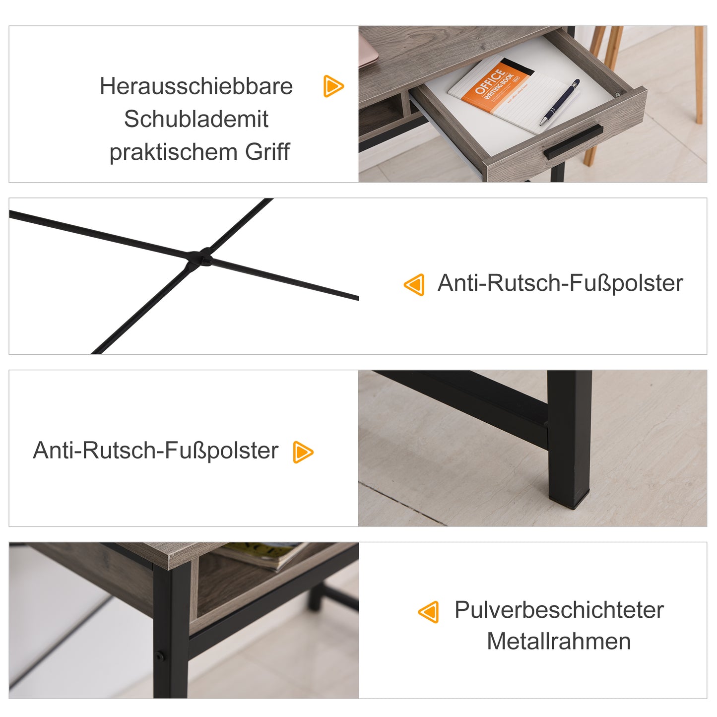 HOMCOM - Schreibtisch  mit Regal und Schublade, Computertisch, Bürotisch, industrieller Stil, MDF, Metall, Grau+Schwarz, 106x53x95cm