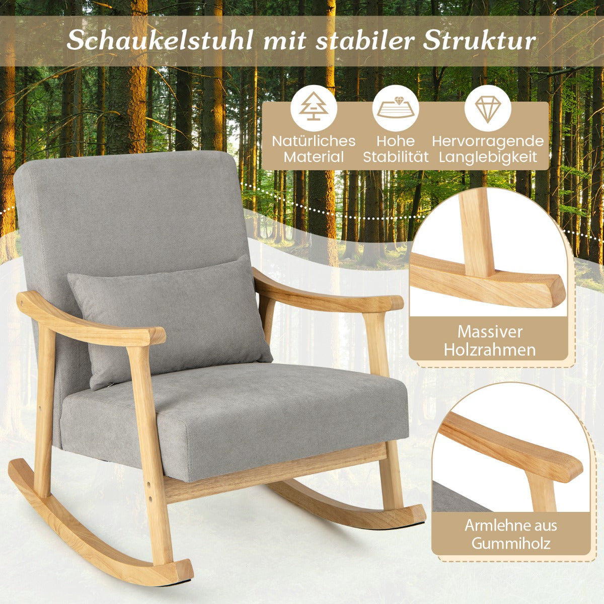 Schaukelstuhl, Sessel, Wohnzimmer Gepolsterter Loungesessel mit Armlehnen Grau, Costway, 4