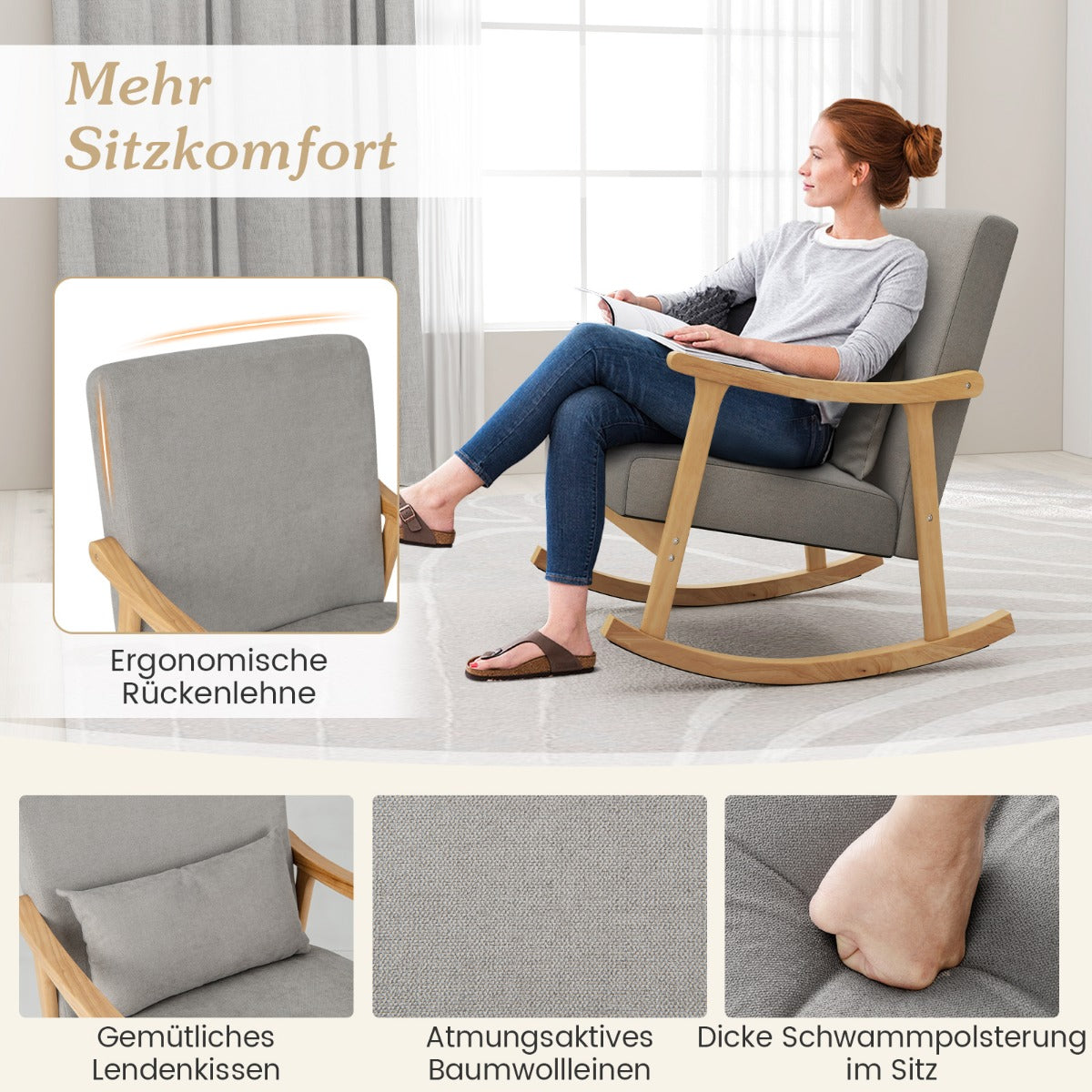 Schaukelstuhl, Sessel, Wohnzimmer Gepolsterter Loungesessel mit Armlehnen Grau, Costway, 5