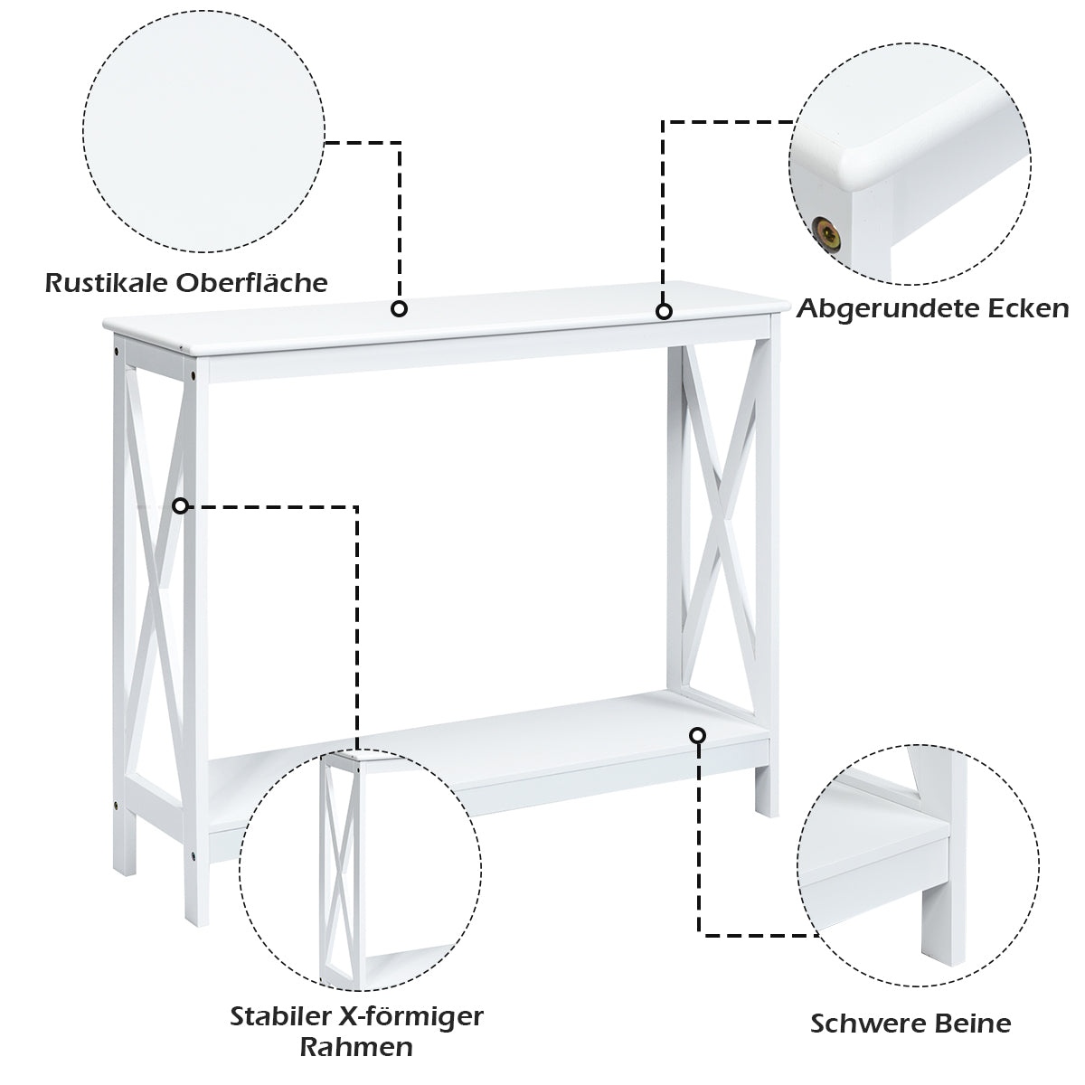 Konsolentisch, Konsolentisch Schmal, X-förmiger Schmaler Konsolentisch mit 2 Etagen, 100 x 30 x 80, cm Weiß, size