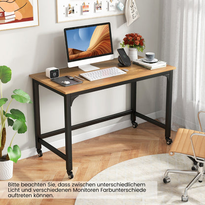 Costway - Schreibtisch mit Rollen & Metallrahmen Computertisch Bürotisch 120 x 60 x 76 cm Natur