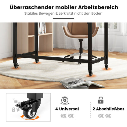 Costway - Schreibtisch mit Rollen & Metallrahmen Computertisch Bürotisch 120 x 60 x 76 cm Natur