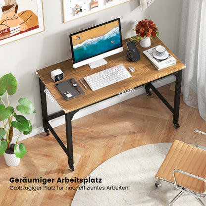 Costway - Schreibtisch mit Rollen & Metallrahmen Computertisch Bürotisch 120 x 60 x 76 cm Natur