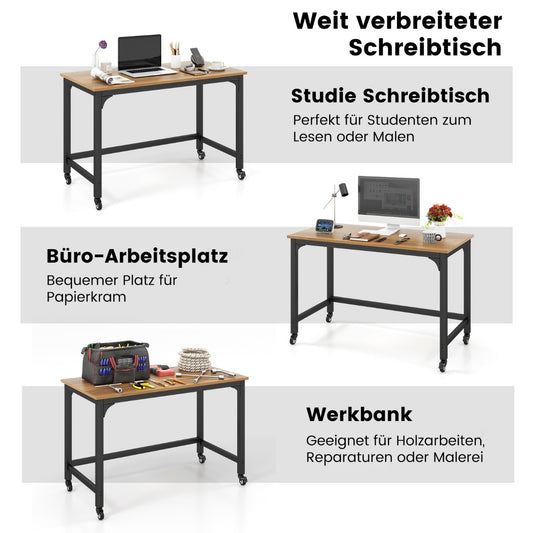Costway - Schreibtisch mit Rollen & Metallrahmen Computertisch Bürotisch 120 x 60 x 76 cm Natur