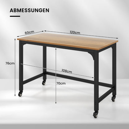 Costway - Schreibtisch mit Rollen & Metallrahmen Computertisch Bürotisch 120 x 60 x 76 cm Natur