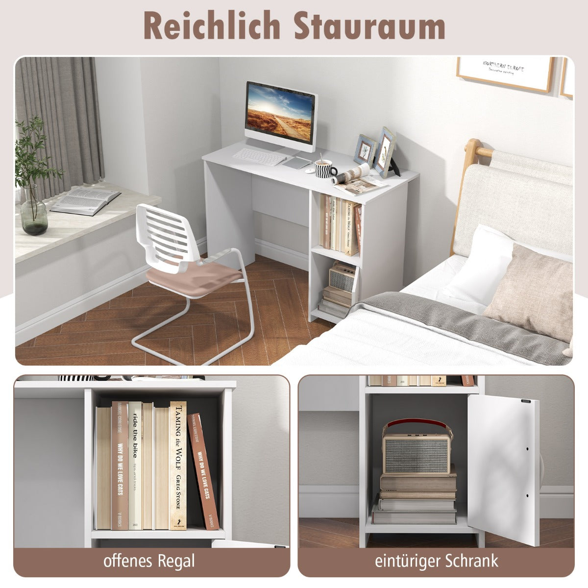 Costway - Schreibtisch mit Schrank Computertisch mit Kabellöchern und offenem Regal 106 x 50 x 77,5 cm Weiß