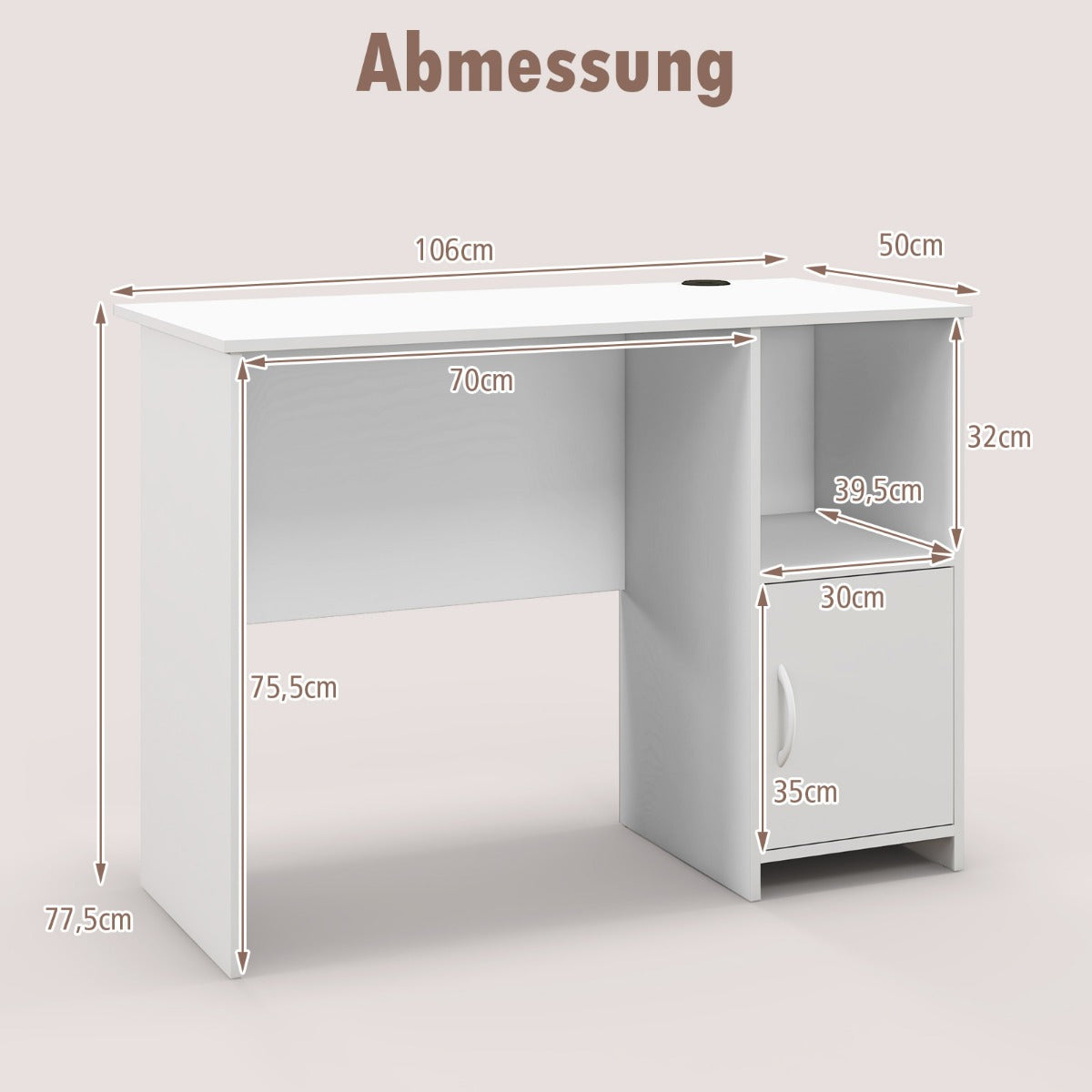 Costway - Schreibtisch mit Schrank Computertisch mit Kabellöchern und offenem Regal 106 x 50 x 77,5 cm Weiß