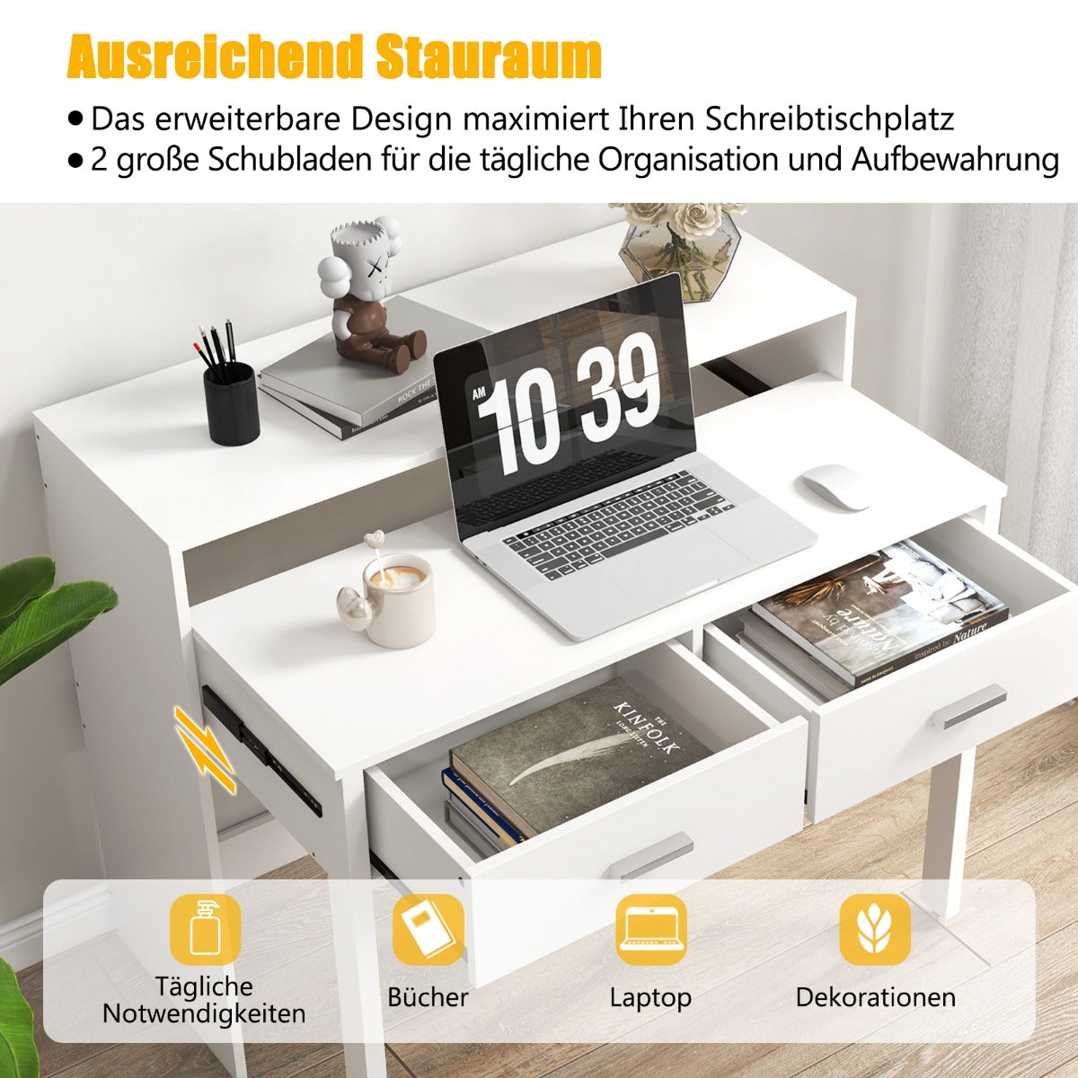 Costway - Ausziehbarer Schreibtisch mit 2 Schubladen Kleiner Computertisch mit Monitorablage und Rollen 100 x 39-68 x 85 cm Weiß