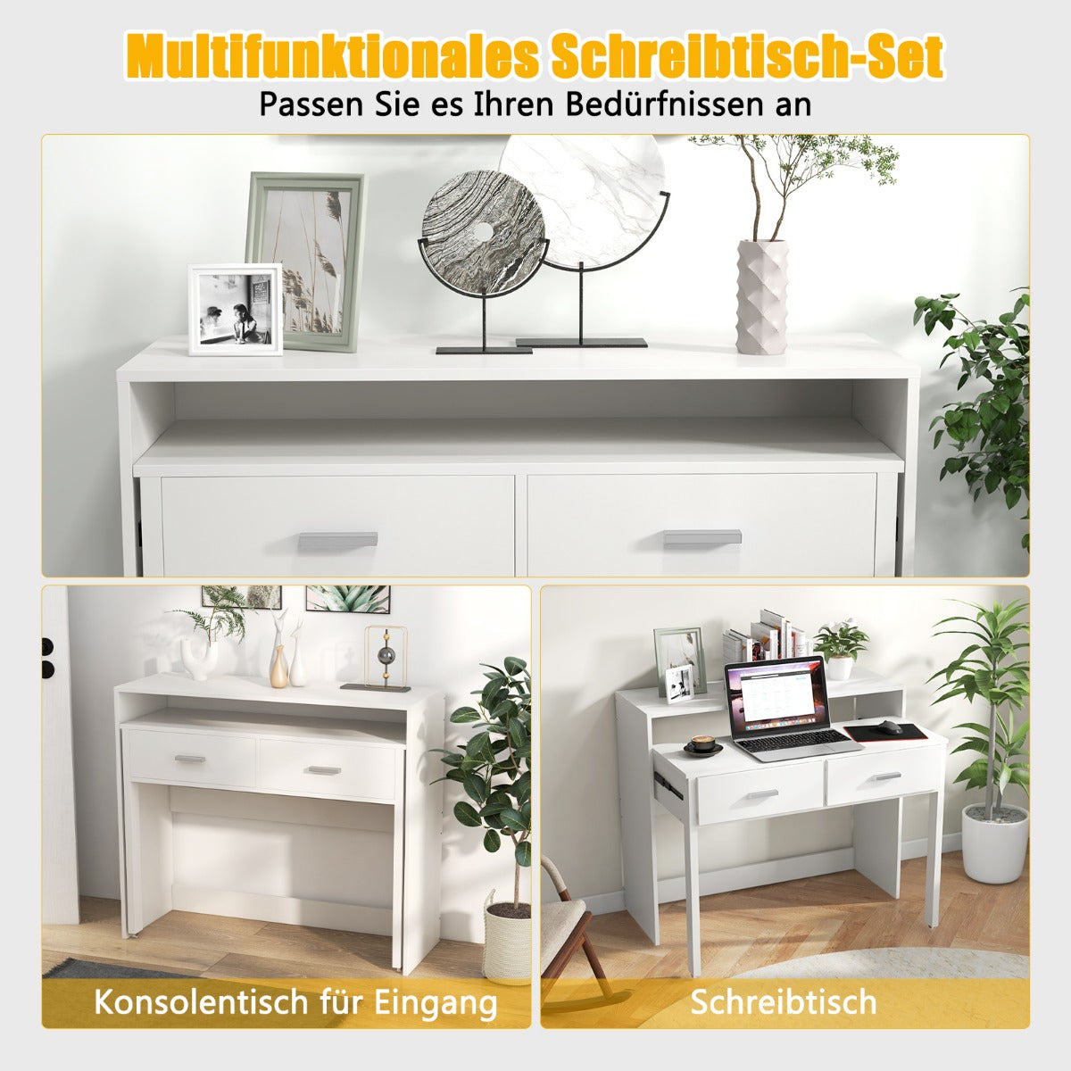 Costway - Ausziehbarer Schreibtisch mit 2 Schubladen Kleiner Computertisch mit Monitorablage und Rollen 100 x 39-68 x 85 cm Weiß