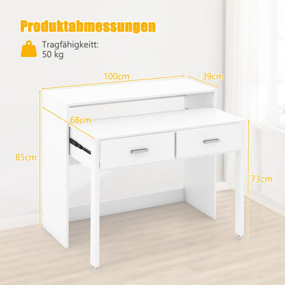 Costway - Ausziehbarer Schreibtisch mit 2 Schubladen Kleiner Computertisch mit Monitorablage und Rollen 100 x 39-68 x 85 cm Weiß