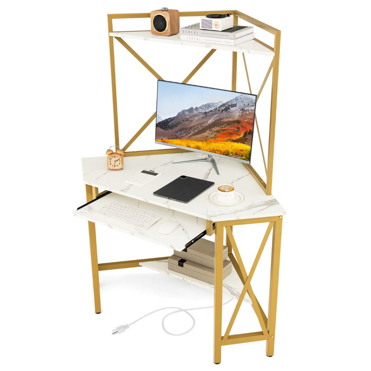 Costway - Schreibtisch mit Ladestation Eck Computertisch mit Tastaturablage & 2 Ablagen 113 x 75 x 145 cm Weiß + Gold