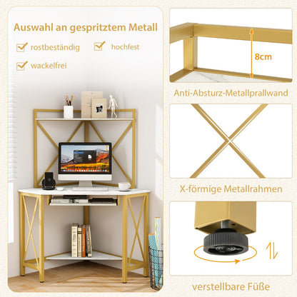 Costway - Schreibtisch mit Ladestation Eck Computertisch mit Tastaturablage & 2 Ablagen 113 x 75 x 145 cm Weiß + Gold