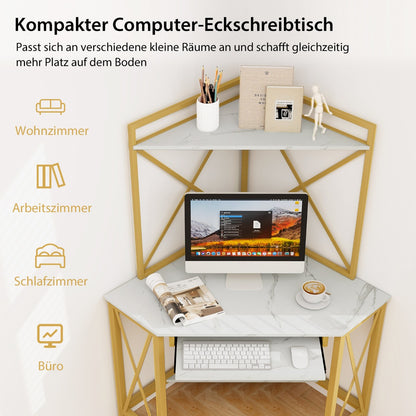 Costway - Schreibtisch mit Ladestation Eck Computertisch mit Tastaturablage & 2 Ablagen 113 x 75 x 145 cm Weiß + Gold