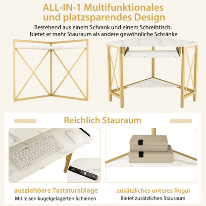 Costway - Schreibtisch mit Ladestation Eck Computertisch mit Tastaturablage & 2 Ablagen 113 x 75 x 145 cm Weiß + Gold