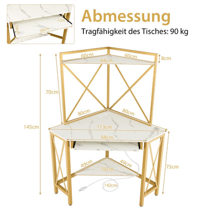 Costway - Schreibtisch mit Ladestation Eck Computertisch mit Tastaturablage & 2 Ablagen 113 x 75 x 145 cm Weiß + Gold