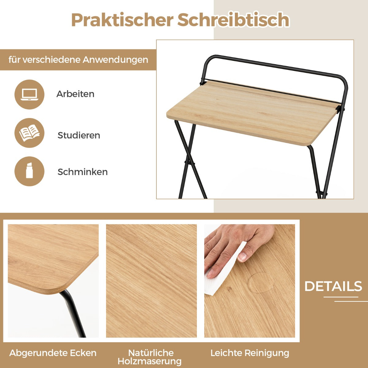 Costway - Klappbarer Computertisch mit Tablethalterung Kompakter Schreibtisch 64 x 43 x 80 cm Natur