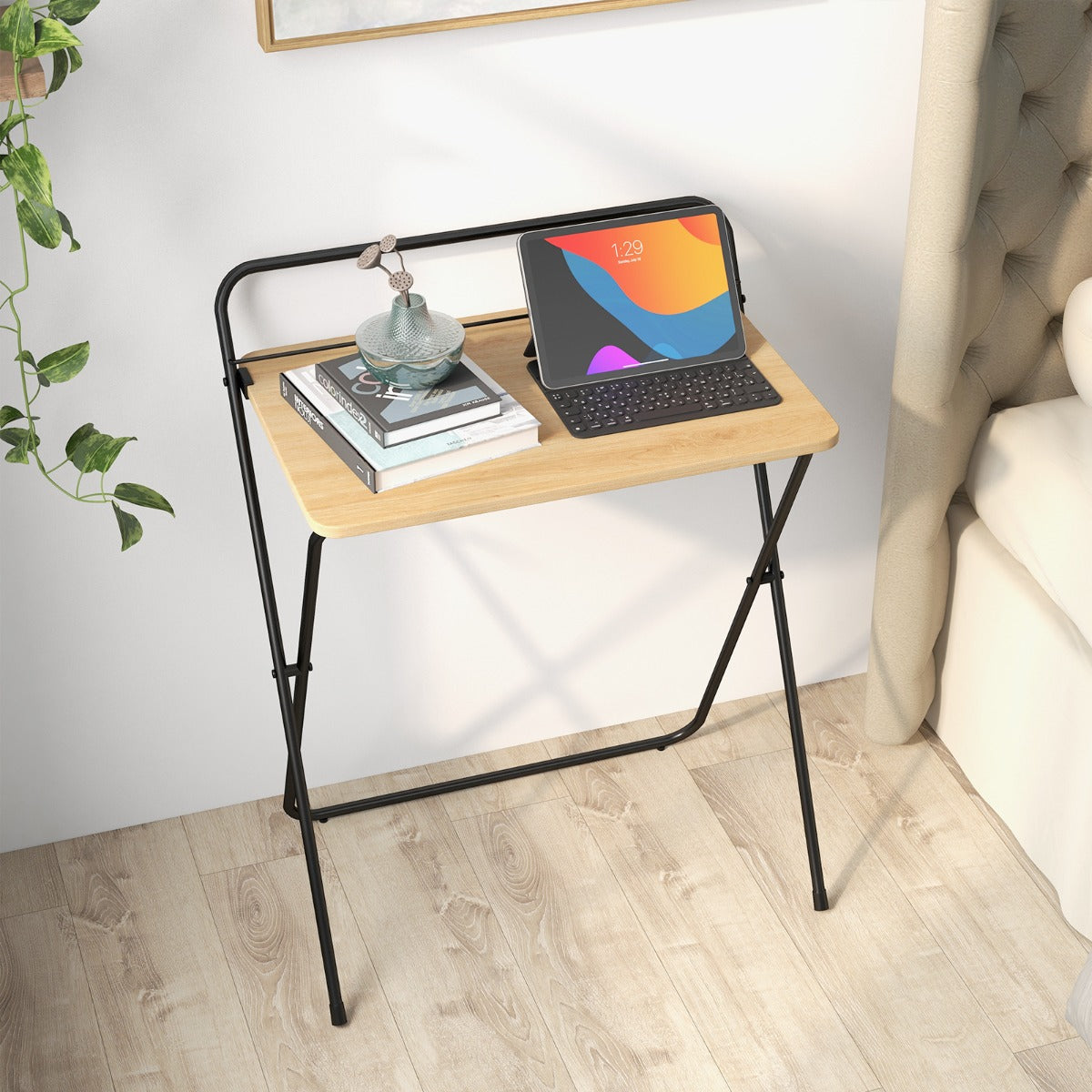 Costway - Klappbarer Computertisch mit Tablethalterung Kompakter Schreibtisch 64 x 43 x 80 cm Natur