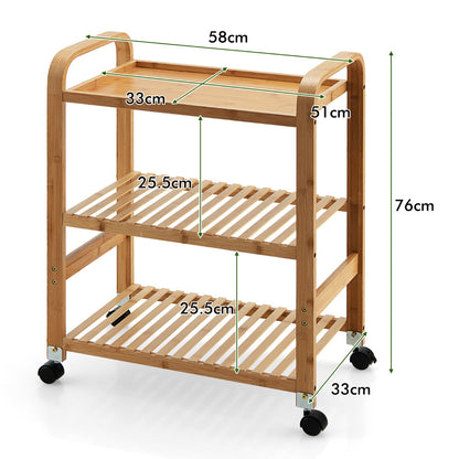 Servierwagen, Küchenwagen, Küchenrollwagen, 3-Stöckiger Rollwagen, aus Bambus, 58 x 33 x 76 cm, Natur, Costway, 7