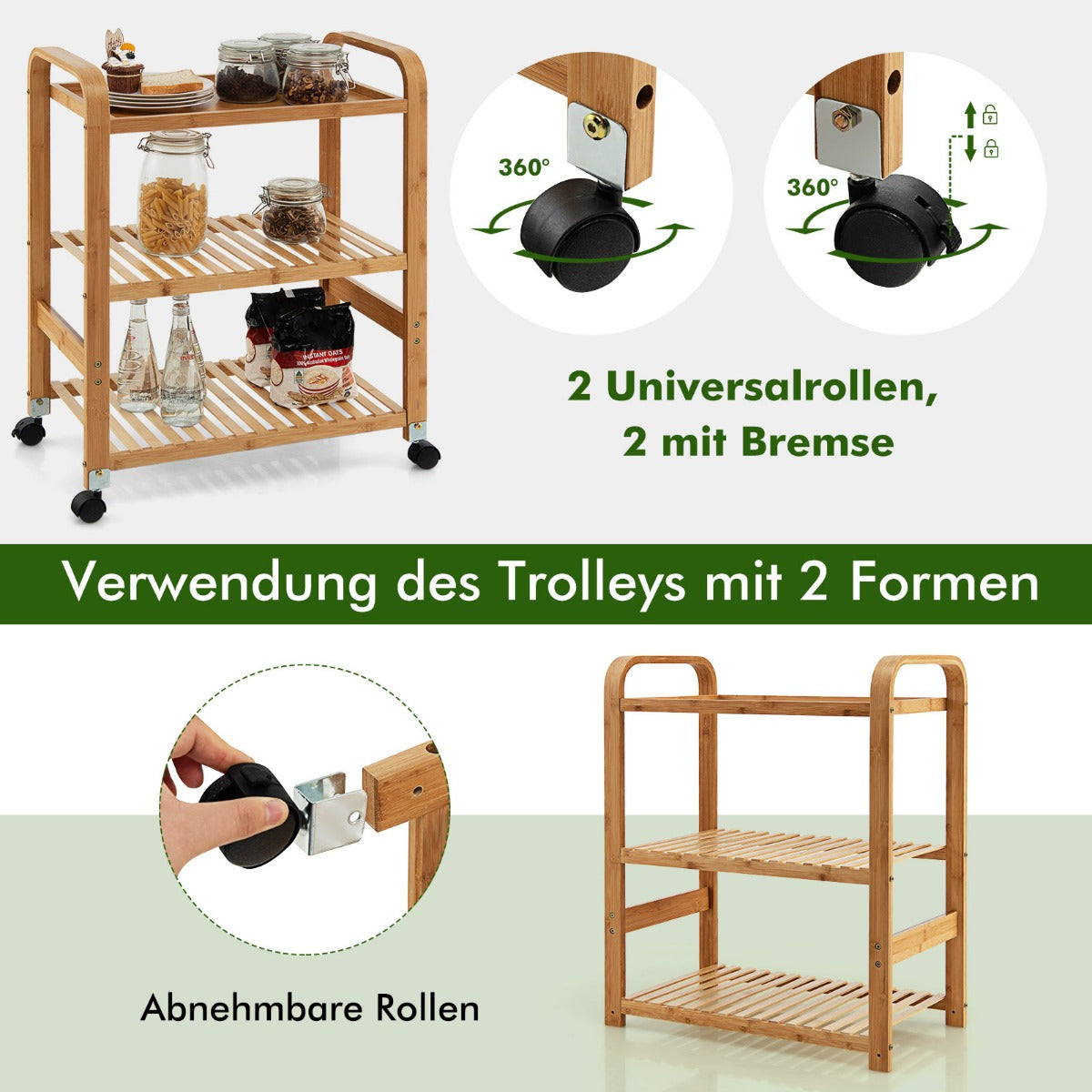 Servierwagen, Küchenwagen, Küchenrollwagen, 3-Stöckiger Rollwagen, aus Bambus, 58 x 33 x 76 cm, Natur, Costway , 5