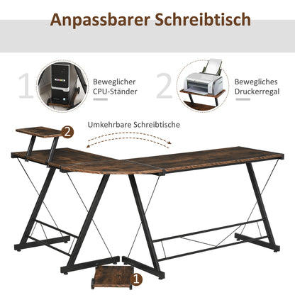 HOMCOM - Computertisch  Eckschreibtisch im Vintage-Stil, Spanplatte+Metall, Vintagebraun-Schwarz, 155x115x91,5cm