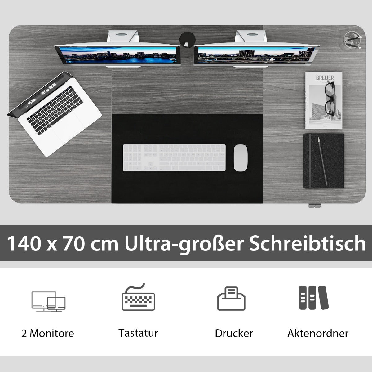 Costway - 140 x 70 cm Elektrischer Höhenverstellbarer Schreibtisch mit Stopp-Mechanismus & Haken Dunkelgrau