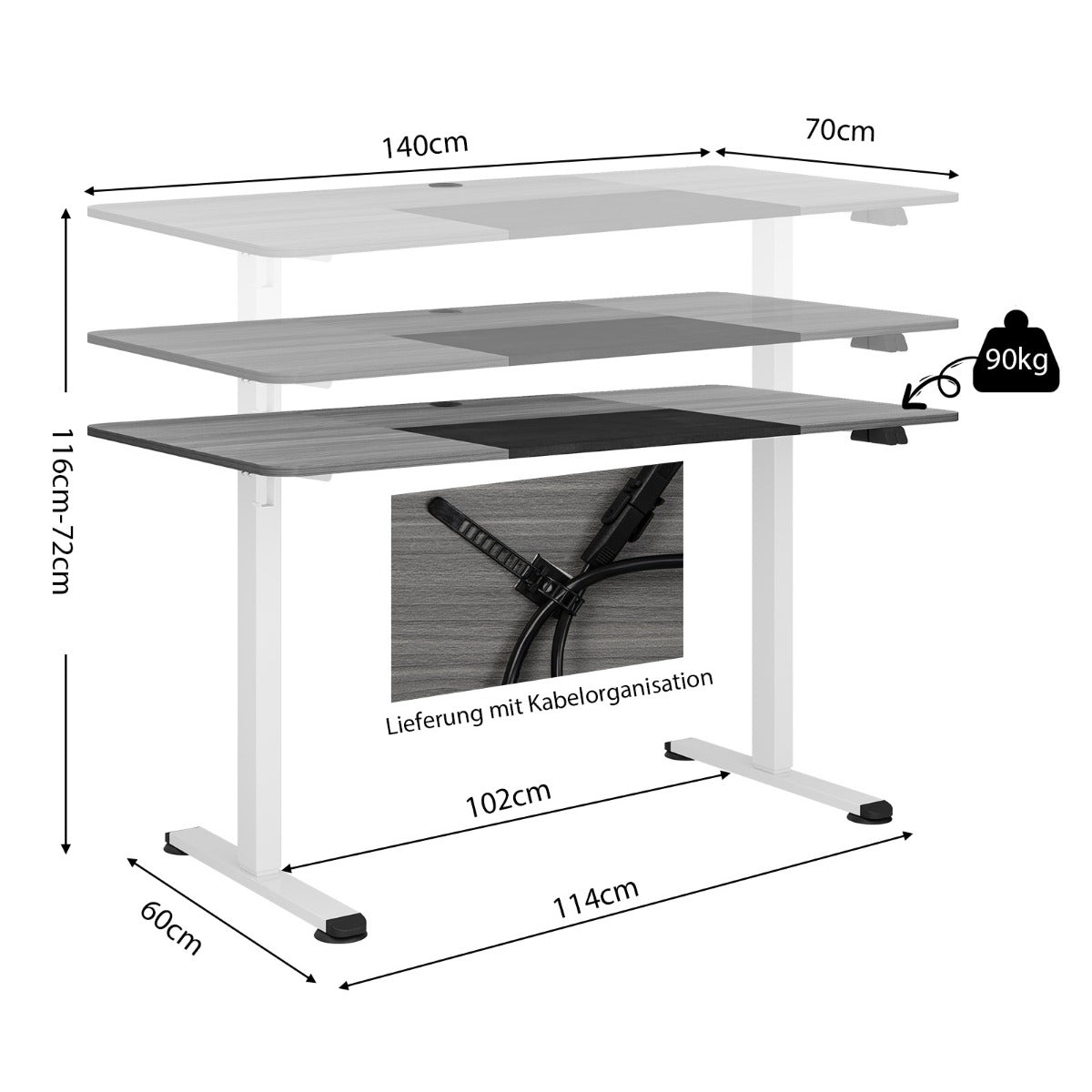 Costway - 140 x 70 cm Elektrischer Höhenverstellbarer Schreibtisch mit Stopp-Mechanismus & Haken Dunkelgrau