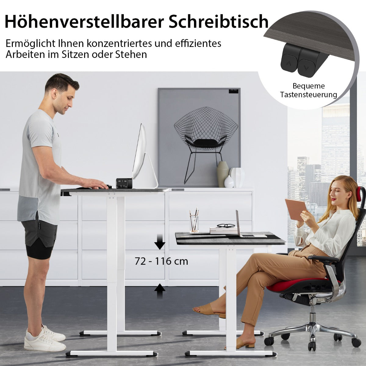 Costway - 140 x 70 cm Elektrischer Höhenverstellbarer Schreibtisch mit Stopp-Mechanismus & Haken Dunkelgrau