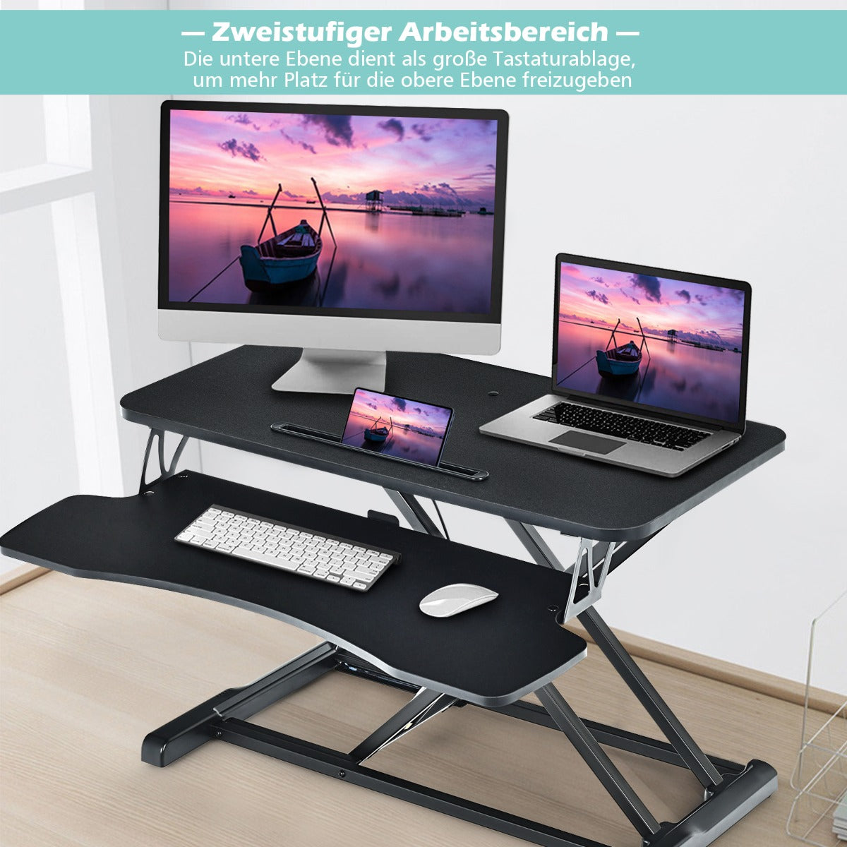 Costway - Höhenverstellbarerer Sitz-Steh-Schreibtisch Bildschirmständer Stehpult 80 x 64 x 11-50,5 cm Schwarz