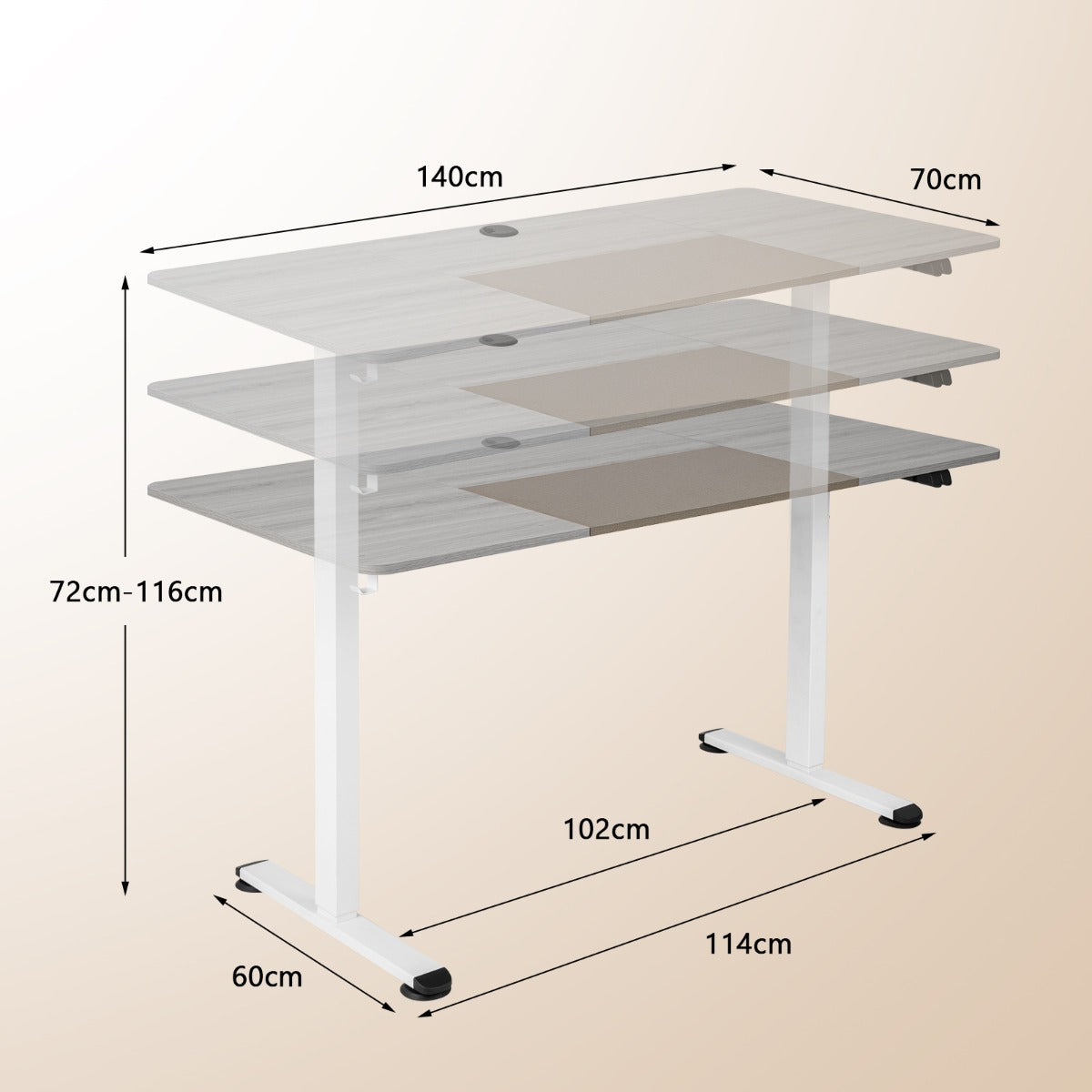 Costway - 140 x 70 cm Elektrischer Höhenverstellbarer Schreibtisch mit Stopp-Mechanismus & Haken Grau