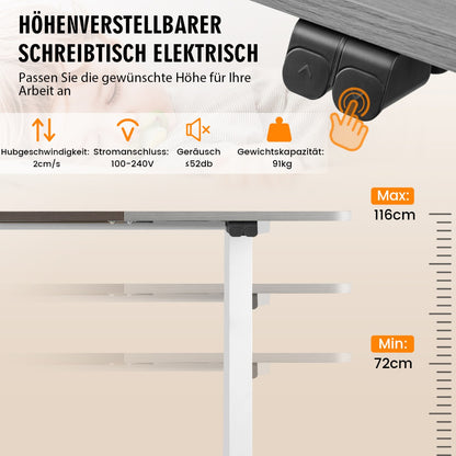 Costway - 140 x 70 cm Elektrischer Höhenverstellbarer Schreibtisch mit Stopp-Mechanismus & Haken Grau