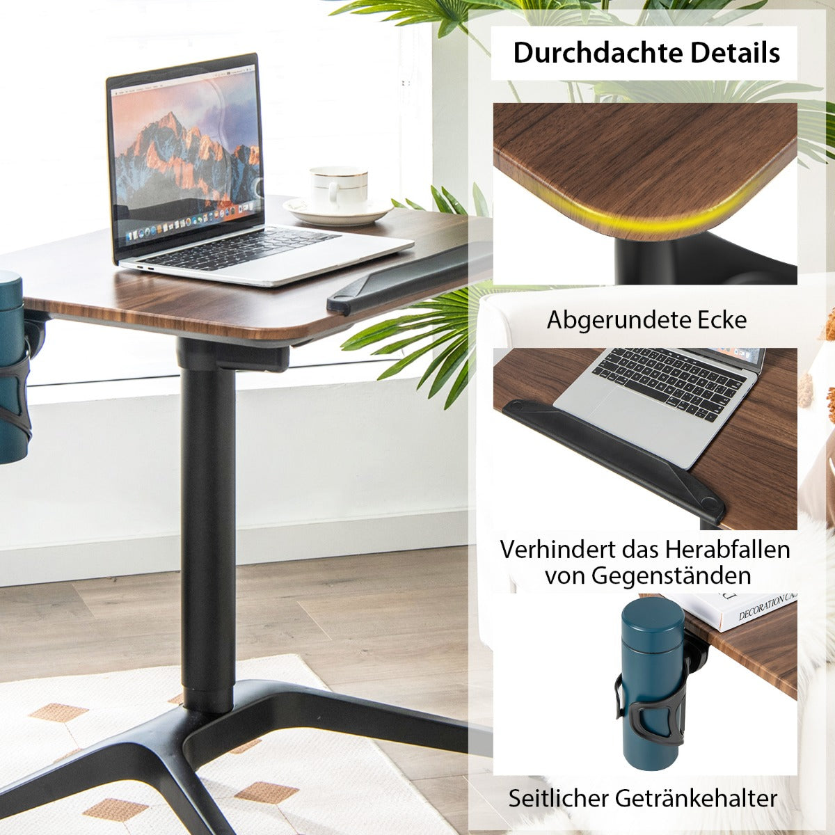 Costway - Stehschreibtisch Sitz-Steh Schreibtisch mit Arbeitsplatte und 4 Rollen 72 x 50 x 74-107 cm Braun + Schwarz