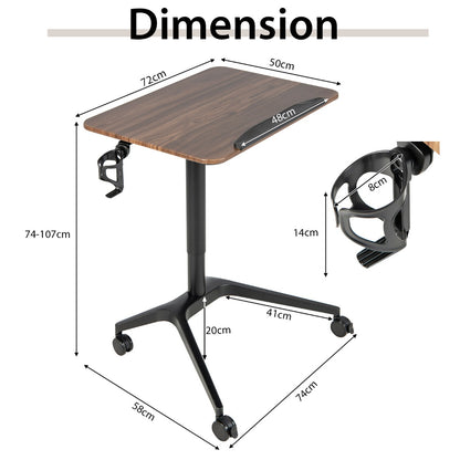 Costway - Stehschreibtisch Sitz-Steh Schreibtisch mit Arbeitsplatte und 4 Rollen 72 x 50 x 74-107 cm Braun + Schwarz