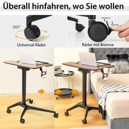 Costway - Stehschreibtisch Sitz-Steh Schreibtisch mit Arbeitsplatte und 4 Rollen 72 x 50 x 74-107 cm Braun + Schwarz