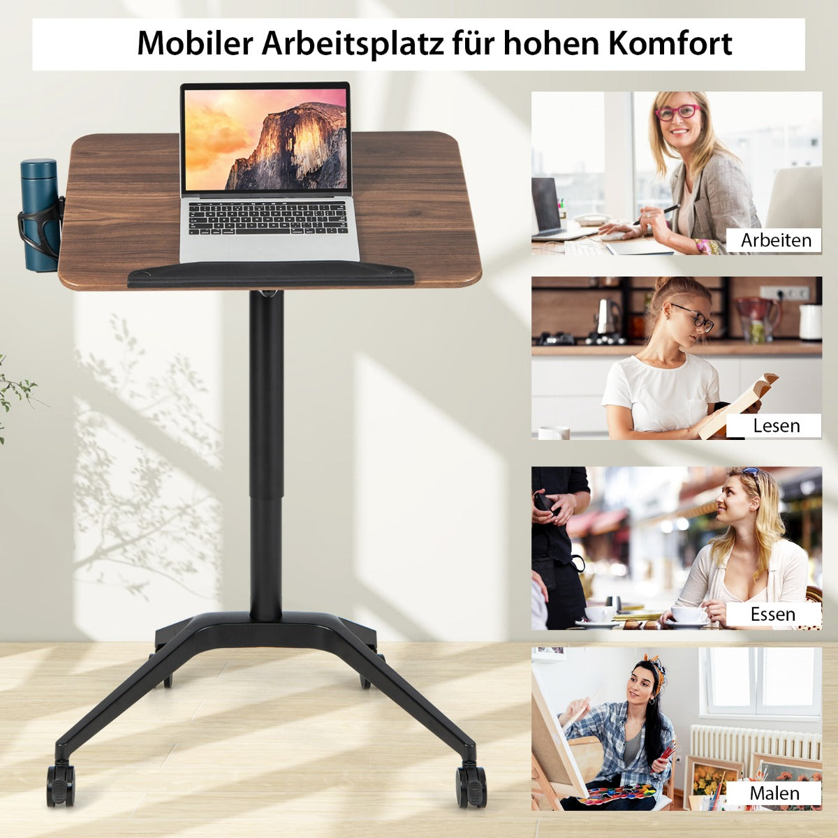 Costway - Stehschreibtisch Sitz-Steh Schreibtisch mit Arbeitsplatte und 4 Rollen 72 x 50 x 74-107 cm Braun + Schwarz