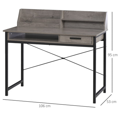 HOMCOM - Schreibtisch  mit Regal und Schublade, Computertisch, Bürotisch, industrieller Stil, MDF, Metall, Grau+Schwarz, 106x53x95cm